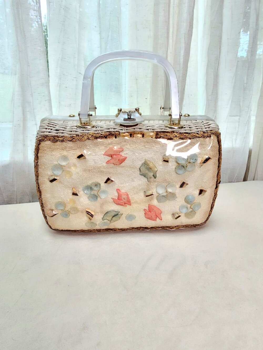Vintage Atlas of Hollywood Wicker Seashell Bag White Lucite Handle 1950s 60s